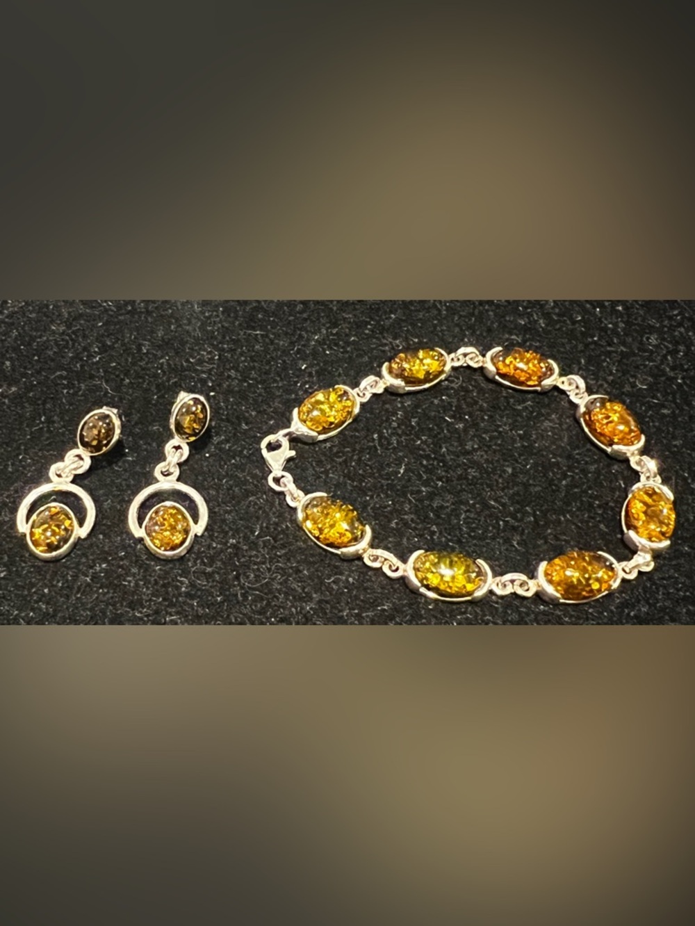Sterling Silver cabochon genuine Amber Bracelet Drop Earrings Set - Golden Amber